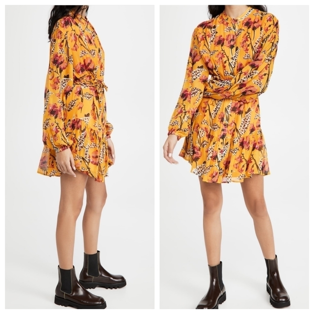A.L.C. Jen Floral Yellow Silk Braided Belt Long Sleeve Mini Dress Size 16